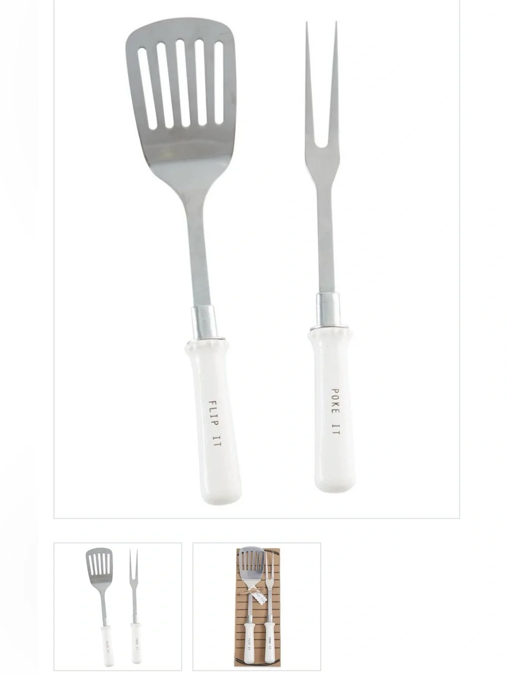 NWT Mud Pie White Ceramic Handle Grilling Spatula & Fork Set $34